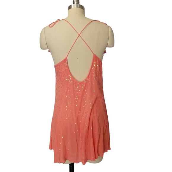 Free People Seeking Sequins Mini Slip Dress Size S Coral Pink Tassels Gauze - Picture 5 of 7